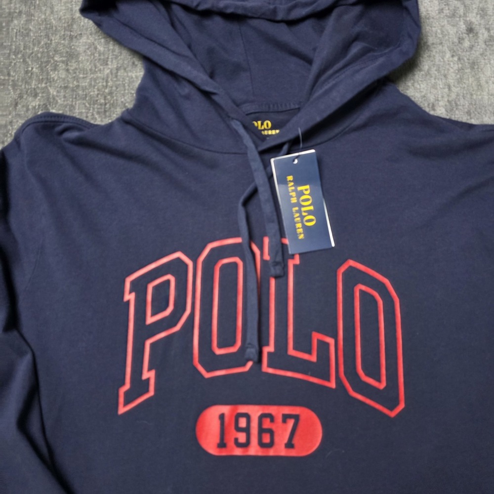 NWT Polo Ralph Lauren Hooded T Shirt Mens Medium Navy Blue Red Spellout Hoodie M - Picture 8 of 10
